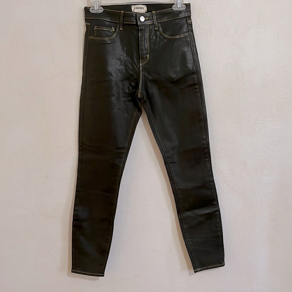 L’Agence Army Green With Gold Trim Coated High Rise Skinny Jeans Size 25